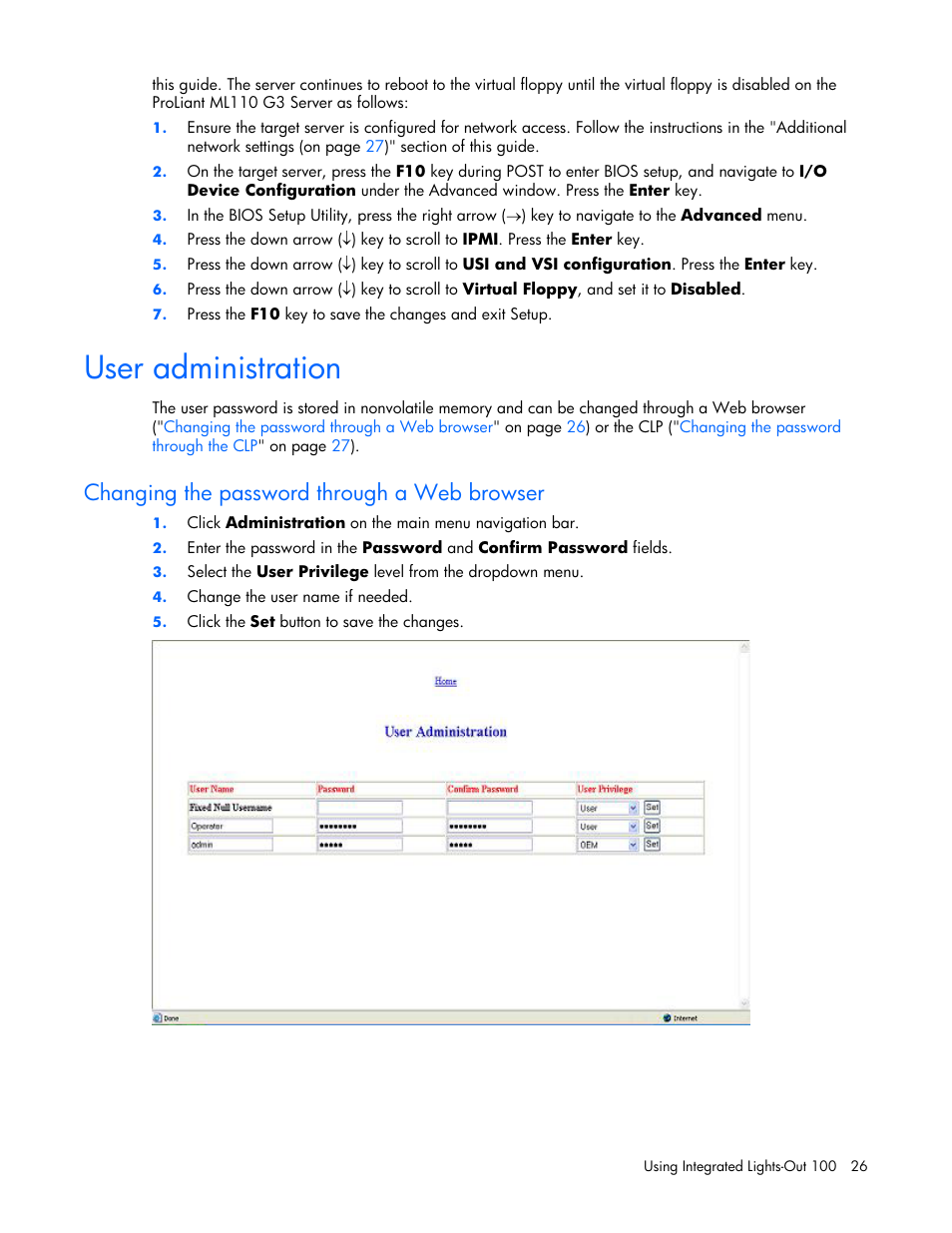 User administration, Changing the password through a web browser | HP Lights-Out 100 Remote Management User Manual | Page 26 / 34