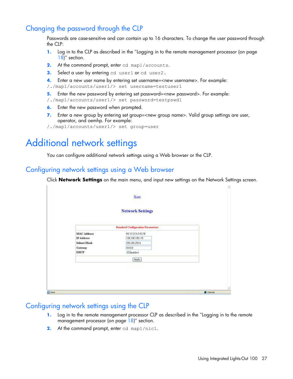 Changing the password through the clp, Additional network settings, Configuring network settings using a web browser | Configuring network settings using the clp, Section to set or obtain a, Section to, Section o, E clp, Changing the password, Through the clp | HP Lights-Out 100 Remote Management User Manual | Page 27 / 34