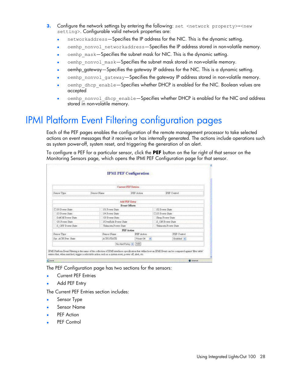 Ipmi platform event filtering configuration pages | HP Lights-Out 100 Remote Management User Manual | Page 28 / 34