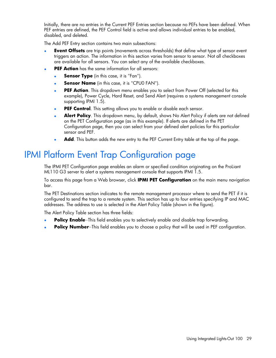 Ipmi platform event trap configuration page | HP Lights-Out 100 Remote Management User Manual | Page 29 / 34