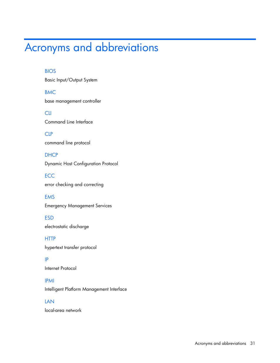 Acronyms and abbreviations | HP Lights-Out 100 Remote Management User Manual | Page 31 / 34