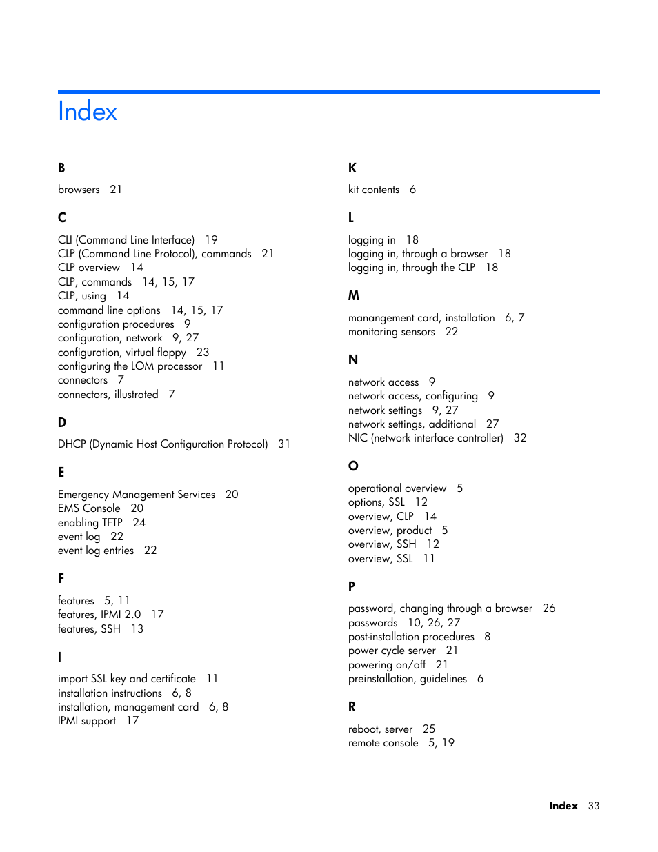 Index | HP Lights-Out 100 Remote Management User Manual | Page 33 / 34