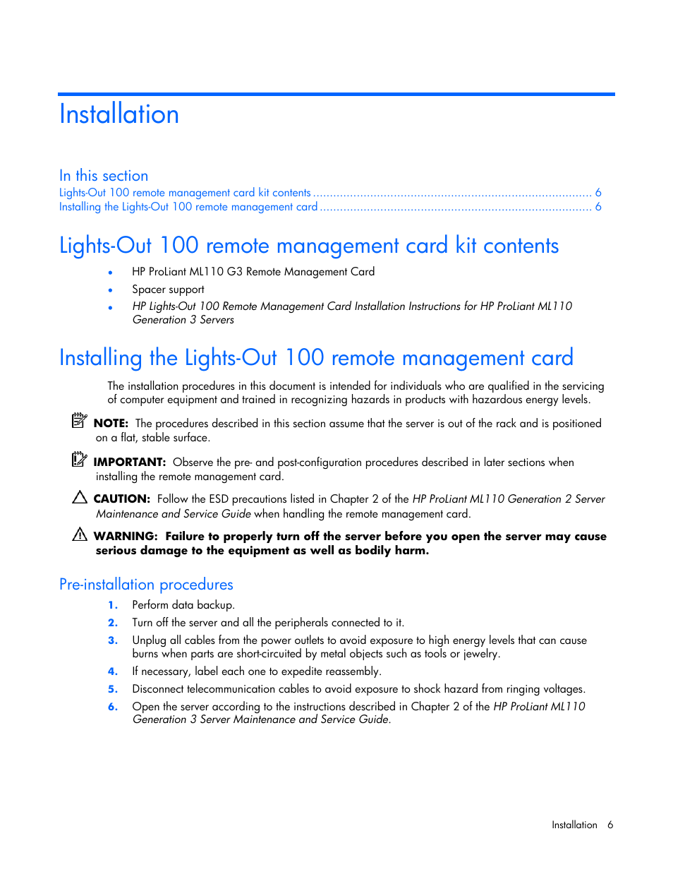 Installation, Lights-out 100 remote management card kit contents, Pre-installation procedures | HP Lights-Out 100 Remote Management User Manual | Page 6 / 34