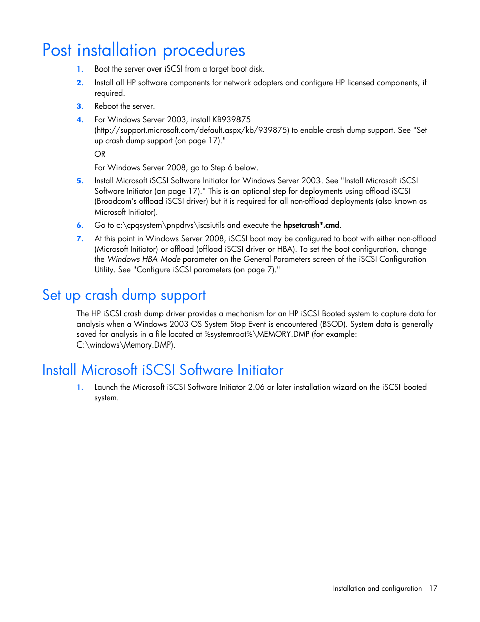 Post installation procedures, Set up crash dump support, Install microsoft iscsi software initiator | HP NC382i Integrated Dual Port PCI Express Gigabit Server Adapter User Manual | Page 17 / 25