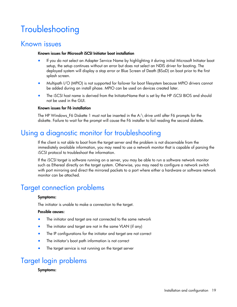 Troubleshooting, Known issues, Using a diagnostic monitor for troubleshooting | Target connection problems, Target login problems | HP NC382i Integrated Dual Port PCI Express Gigabit Server Adapter User Manual | Page 19 / 25