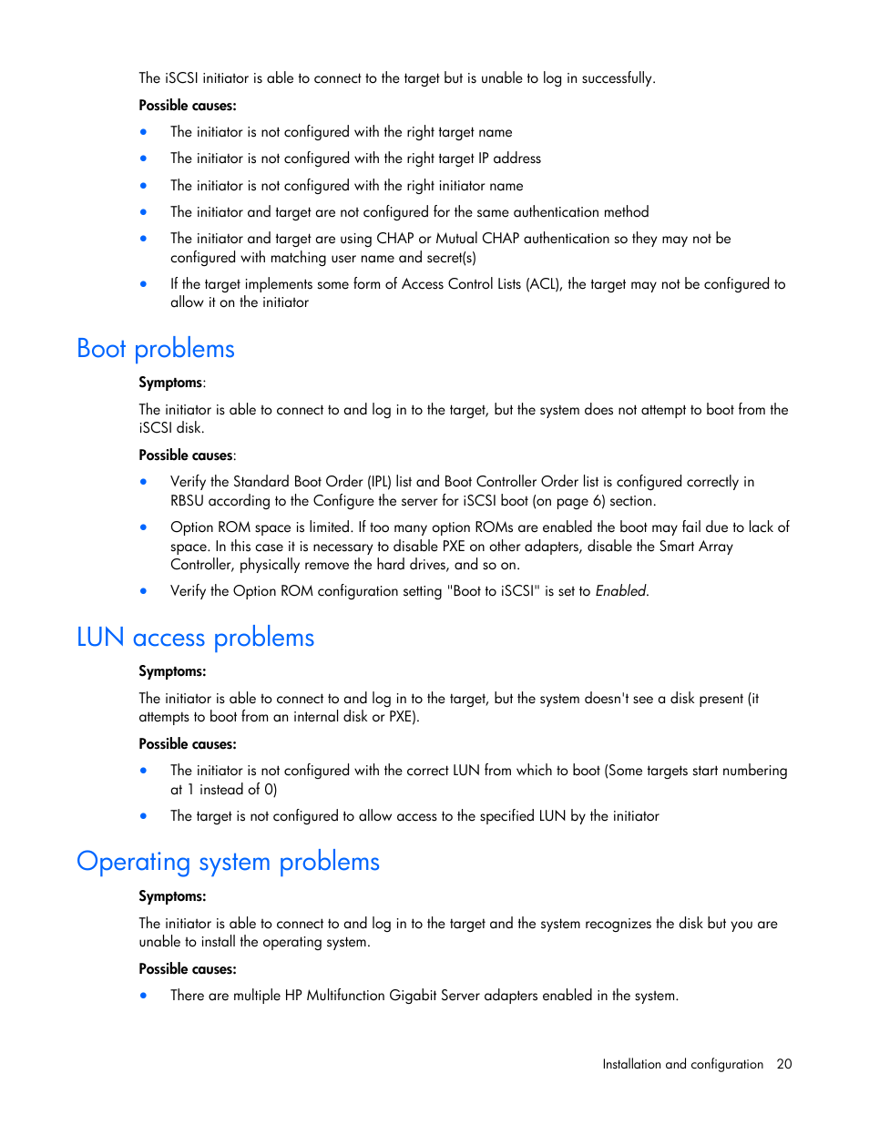 Boot problems, Lun access problems, Operating system problems | HP NC382i Integrated Dual Port PCI Express Gigabit Server Adapter User Manual | Page 20 / 25