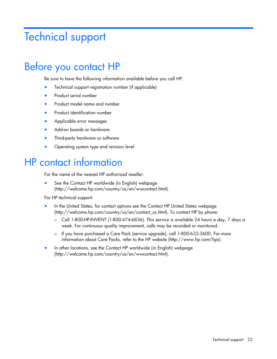 Technical support, Before you contact hp, Hp contact information | Before you contact hp hp contact information | HP NC382i Integrated Dual Port PCI Express Gigabit Server Adapter User Manual | Page 22 / 25