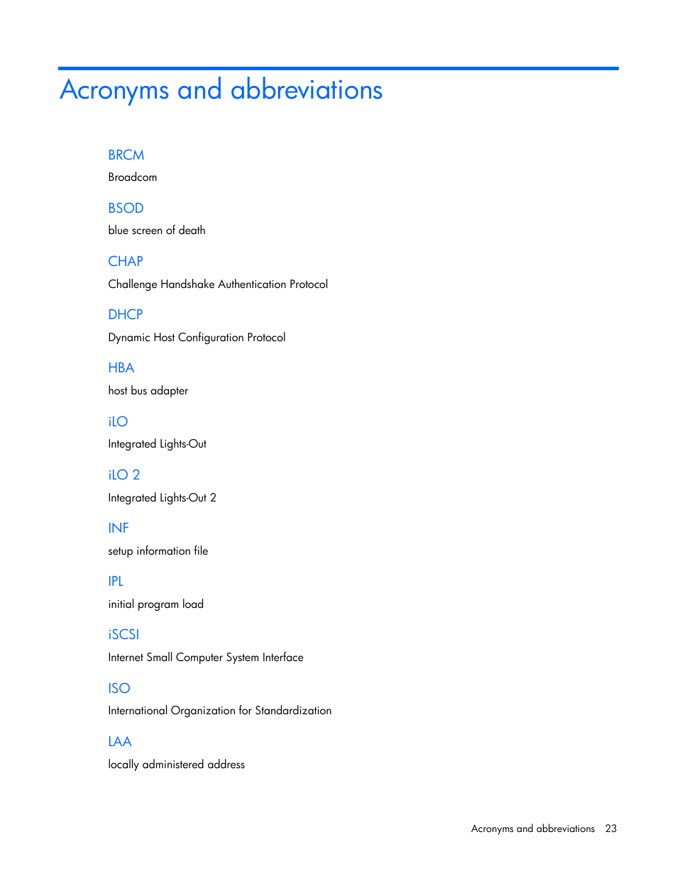 Acronyms and abbreviations | HP NC382i Integrated Dual Port PCI Express Gigabit Server Adapter User Manual | Page 23 / 25