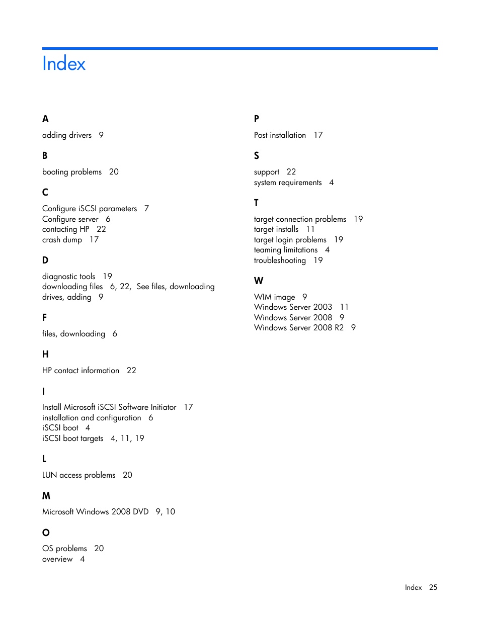 Index | HP NC382i Integrated Dual Port PCI Express Gigabit Server Adapter User Manual | Page 25 / 25