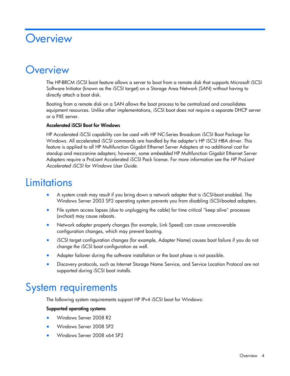 Overview, Limitations, System requirements | Overview limitations system requirements | HP NC382i Integrated Dual Port PCI Express Gigabit Server Adapter User Manual | Page 4 / 25