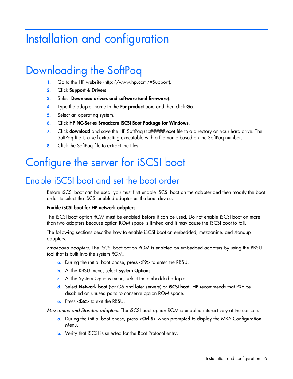 Installation and configuration, Downloading the softpaq, Configure the server for iscsi boot | Enable iscsi boot and set the boot order | HP NC382i Integrated Dual Port PCI Express Gigabit Server Adapter User Manual | Page 6 / 25