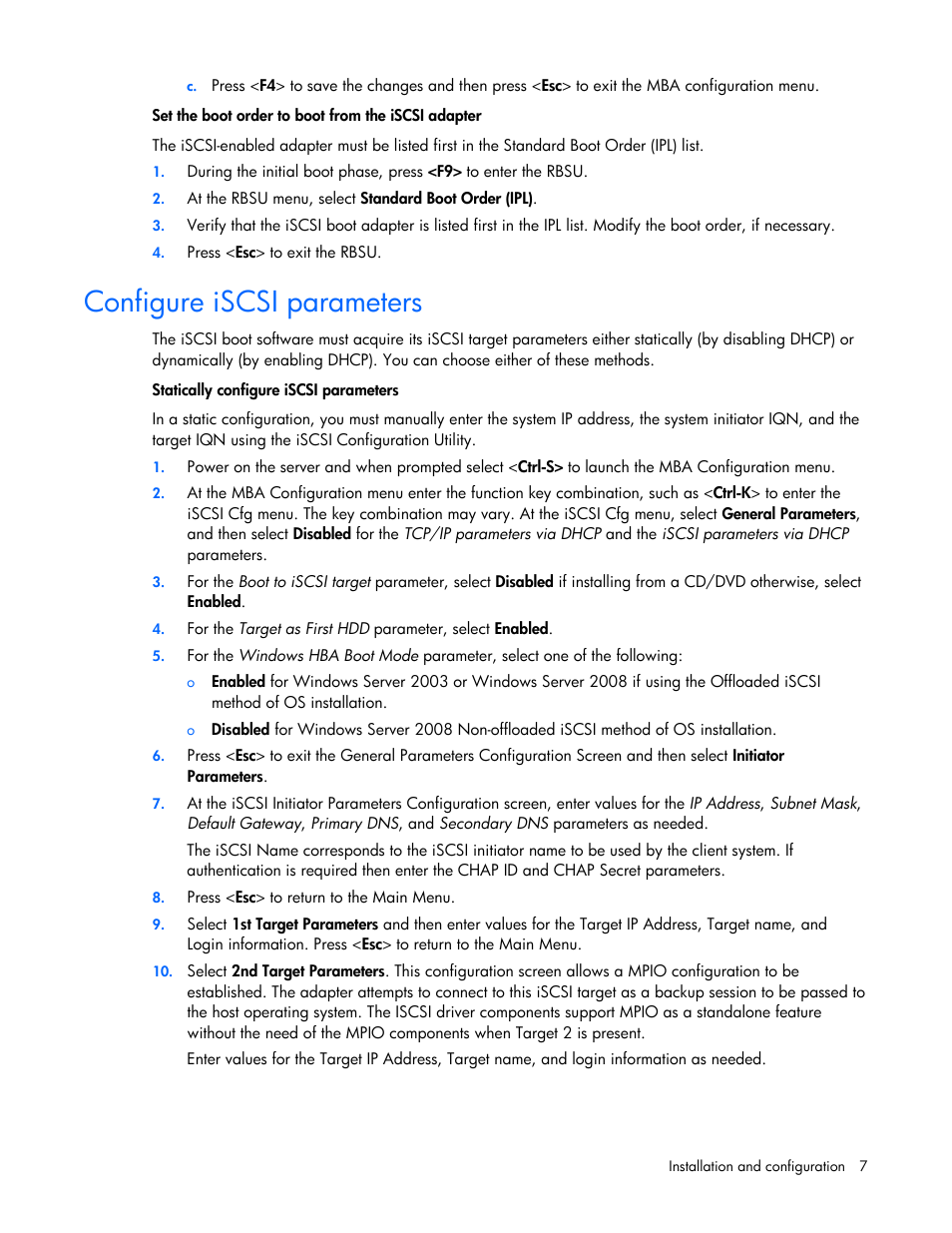 Configure iscsi parameters | HP NC382i Integrated Dual Port PCI Express Gigabit Server Adapter User Manual | Page 7 / 25
