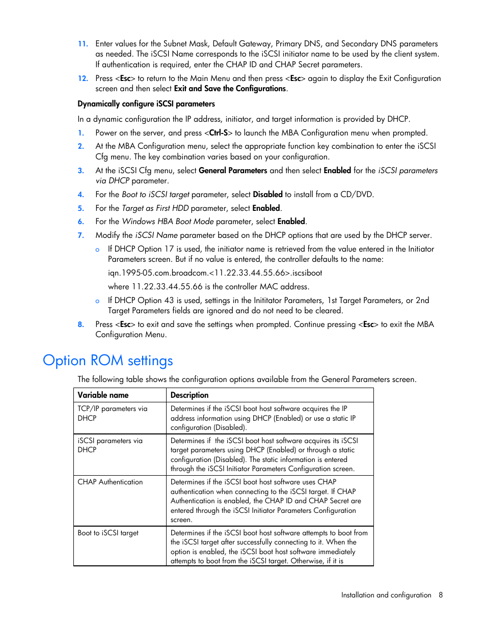 Option rom settings | HP NC382i Integrated Dual Port PCI Express Gigabit Server Adapter User Manual | Page 8 / 25