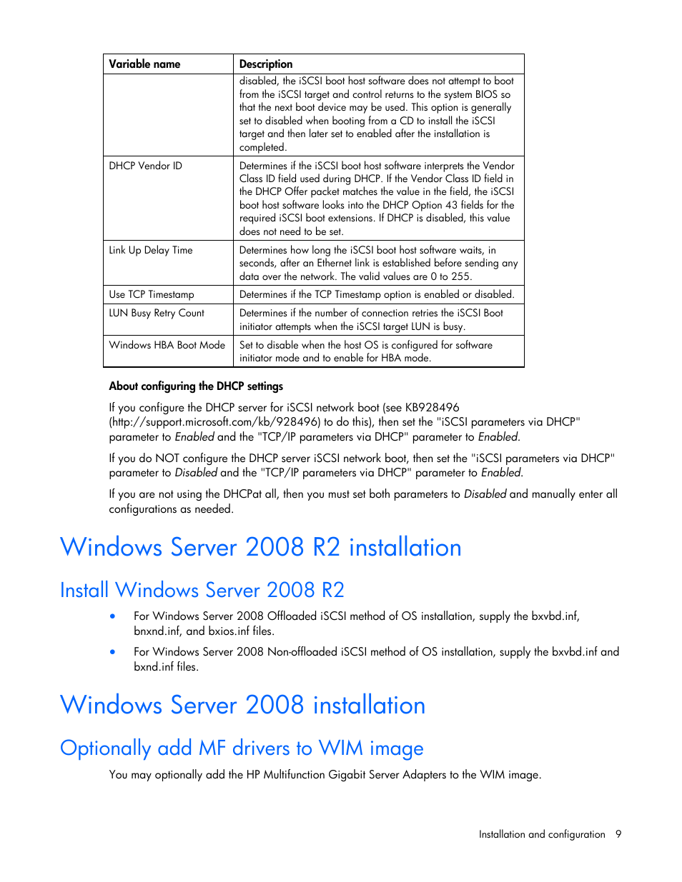 Windows server 2008 r2 installation, Install windows server 2008 r2, Windows server 2008 installation | Optionally add mf drivers to wim image | HP NC382i Integrated Dual Port PCI Express Gigabit Server Adapter User Manual | Page 9 / 25