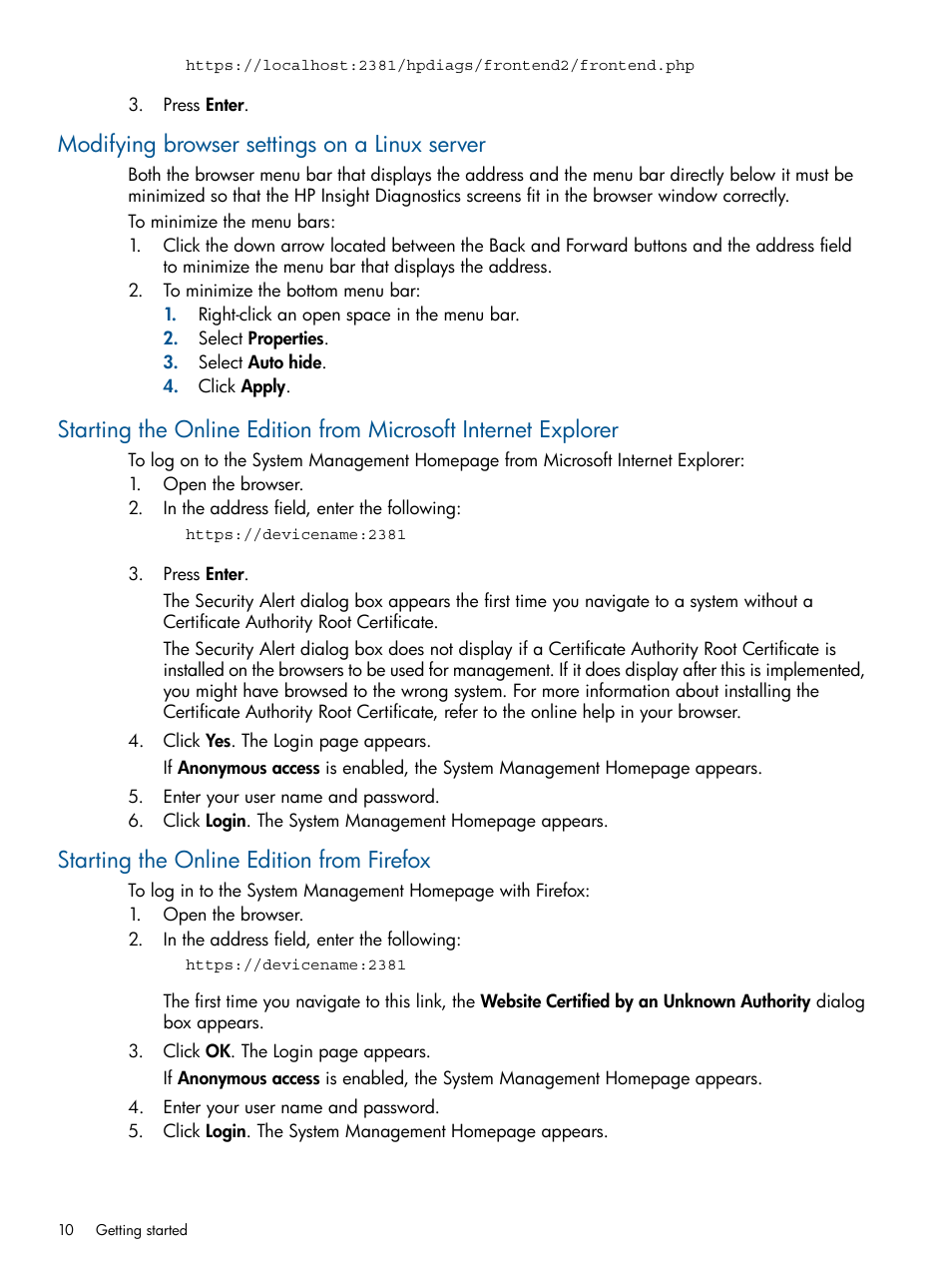 Modifying browser settings on a linux server, Starting the online edition from firefox | HP ProLiant SL230s Gen8 Server User Manual | Page 10 / 41