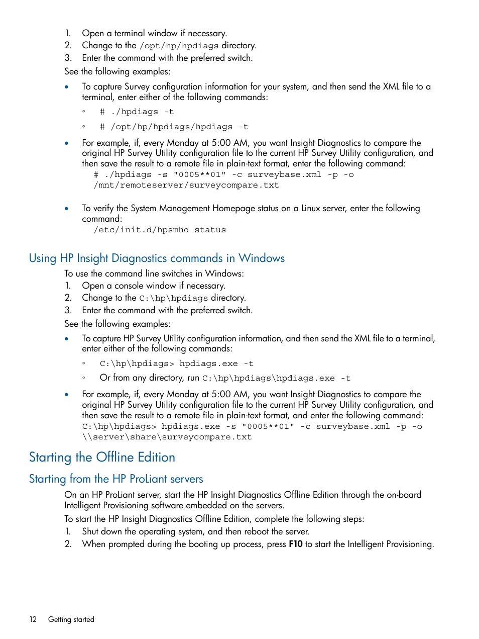 Using hp insight diagnostics commands in windows, Starting the offline edition, Starting from the hp proliant servers | HP ProLiant SL230s Gen8 Server User Manual | Page 12 / 41