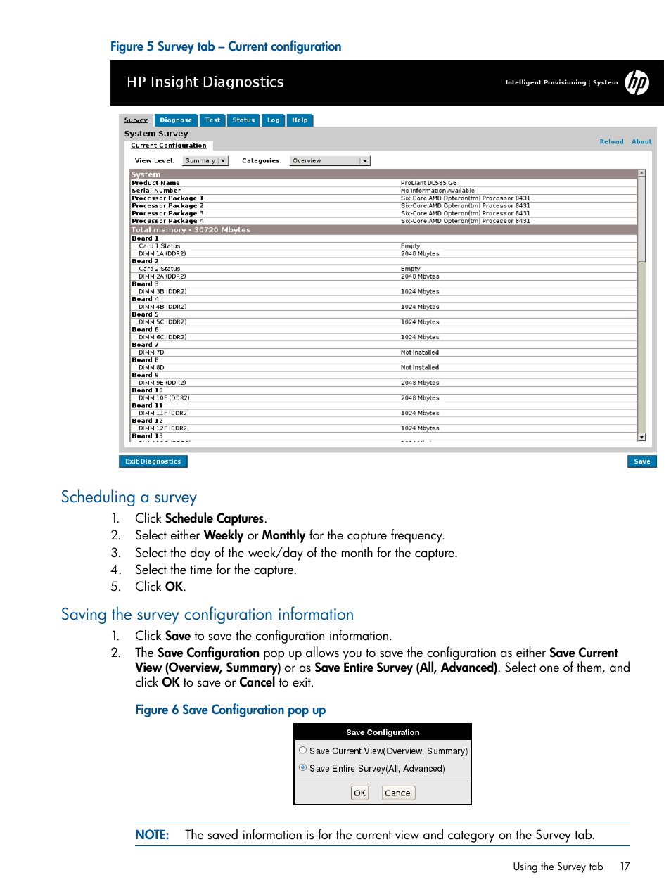Scheduling a survey, Saving the survey configuration information | HP ProLiant SL230s Gen8 Server User Manual | Page 17 / 41