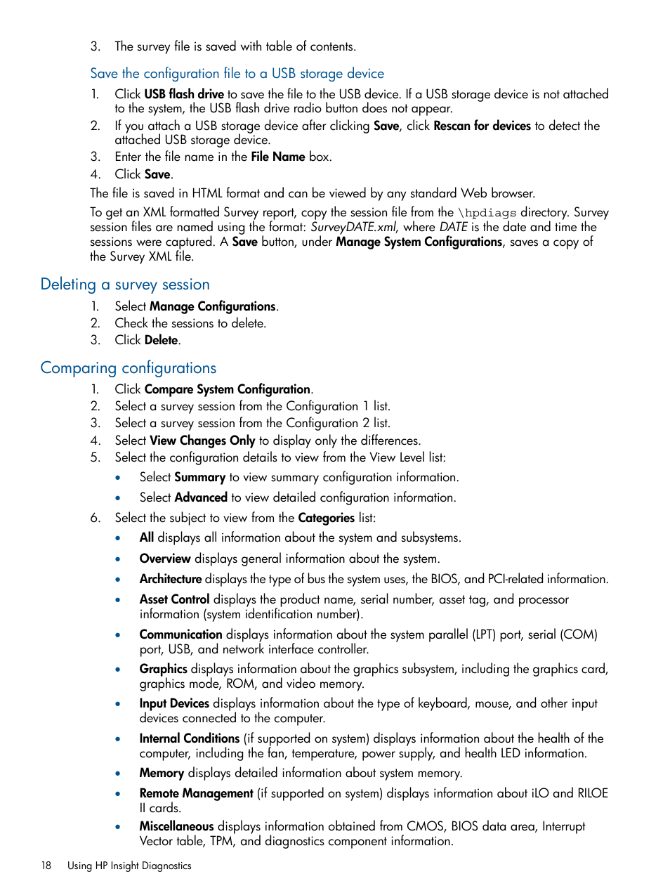 Deleting a survey session, Comparing configurations, Deleting a survey session comparing configurations | HP ProLiant SL230s Gen8 Server User Manual | Page 18 / 41