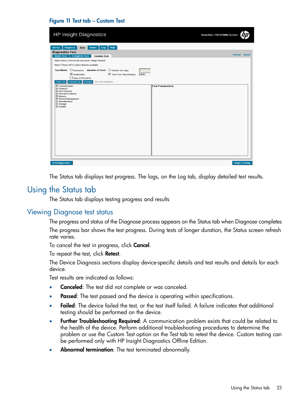 Using the status tab, Viewing diagnose test status | HP ProLiant SL230s Gen8 Server User Manual | Page 23 / 41