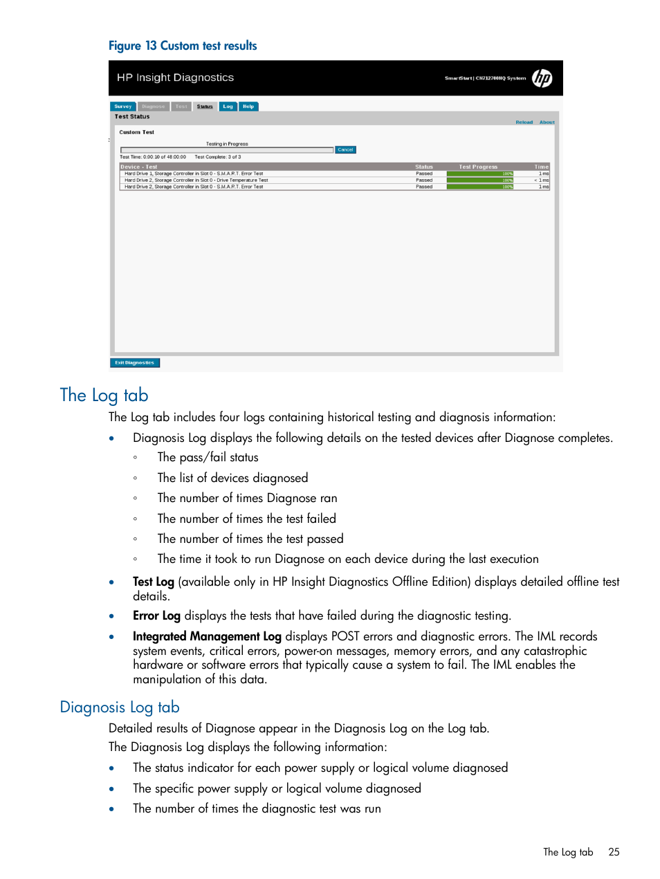 The log tab, Diagnosis log tab | HP ProLiant SL230s Gen8 Server User Manual | Page 25 / 41