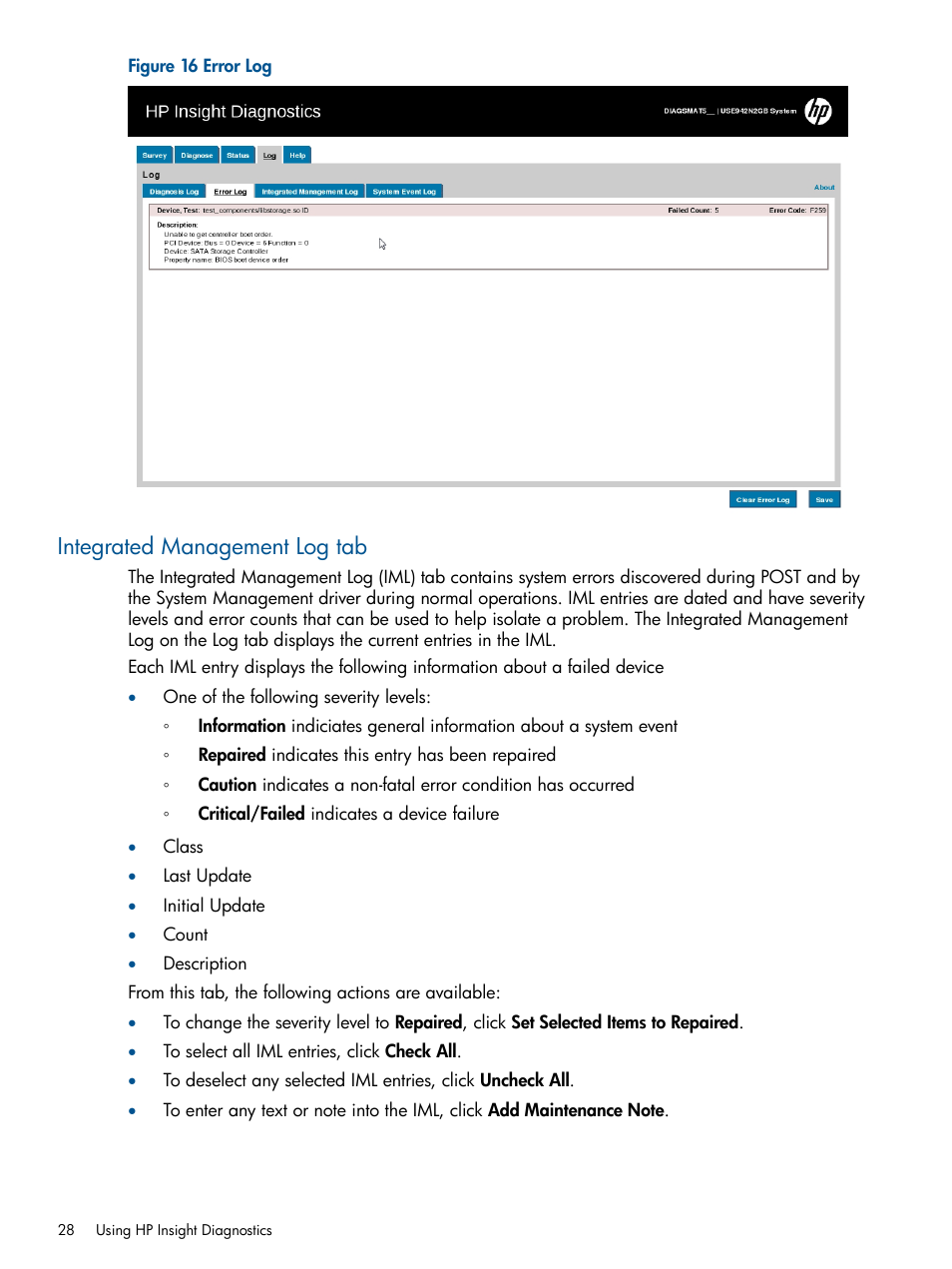 Integrated management log tab | HP ProLiant SL230s Gen8 Server User Manual | Page 28 / 41
