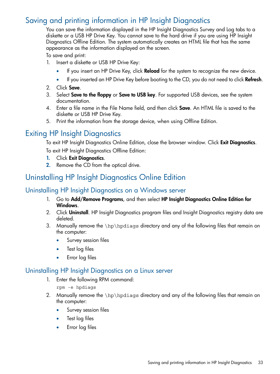 Exiting hp insight diagnostics, Uninstalling hp insight diagnostics online edition | HP ProLiant SL230s Gen8 Server User Manual | Page 33 / 41