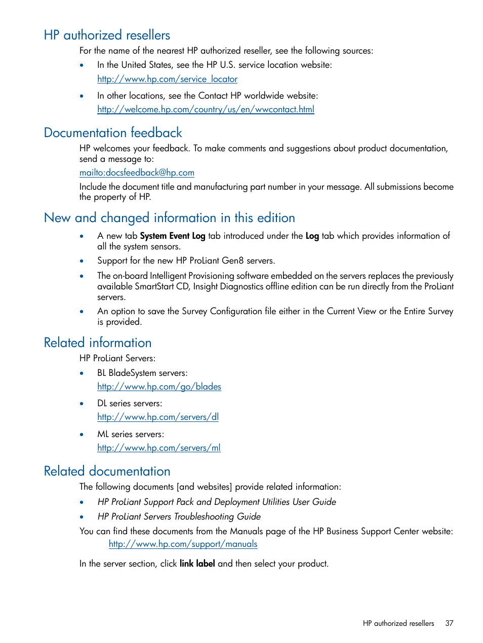 Hp authorized resellers, Documentation feedback, New and changed information in this edition | Related information, Related documentation | HP ProLiant SL230s Gen8 Server User Manual | Page 37 / 41