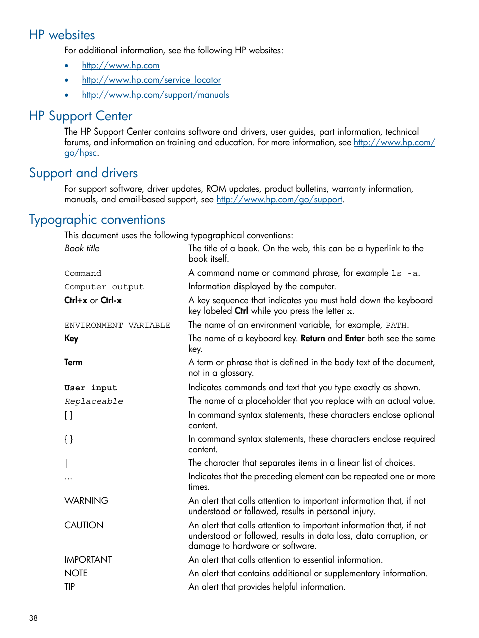 Hp websites, Hp support center, Support and drivers | Typographic conventions | HP ProLiant SL230s Gen8 Server User Manual | Page 38 / 41