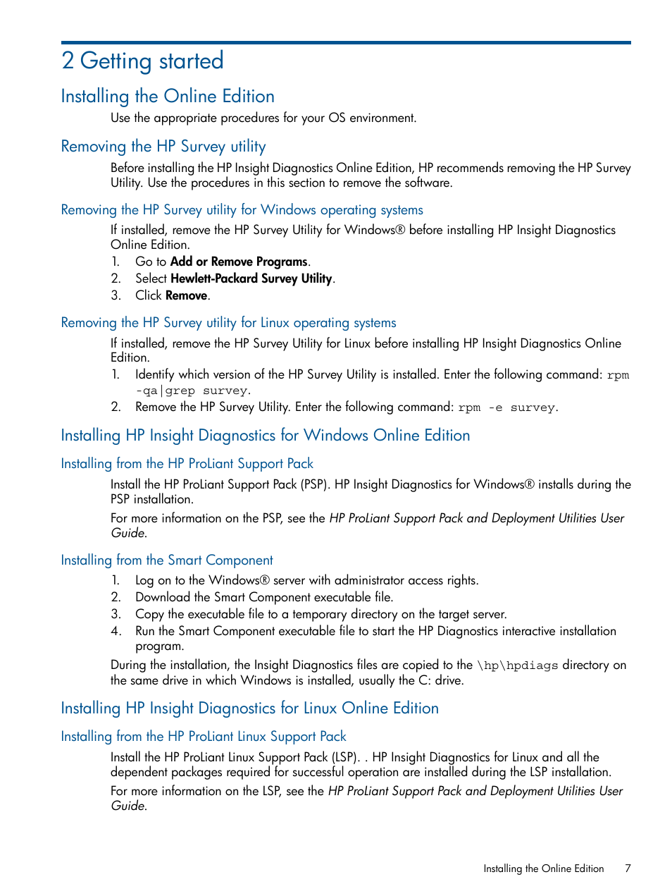 2 getting started, Installing the online edition, Removing the hp survey utility | Installing from the hp proliant support pack, Installing from the smart component, Installing from the hp proliant linux support pack | HP ProLiant SL230s Gen8 Server User Manual | Page 7 / 41