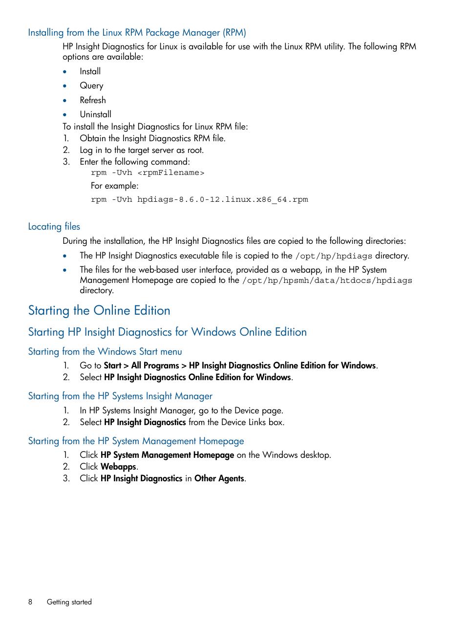 Locating files, Starting the online edition, Starting from the windows start menu | Starting from the hp systems insight manager | HP ProLiant SL230s Gen8 Server User Manual | Page 8 / 41