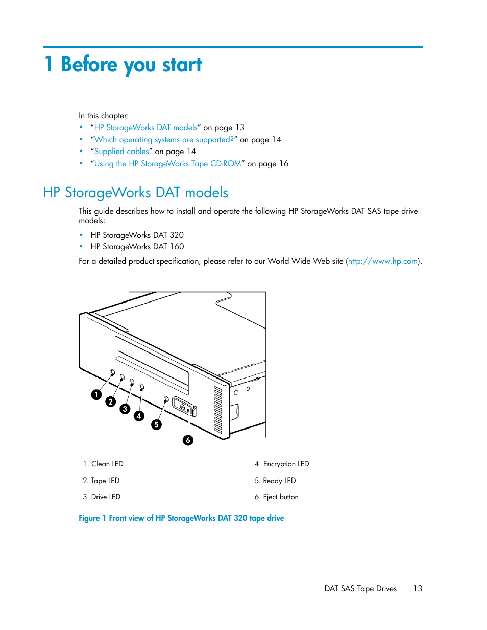 1 before you start, Hp storageworks dat models, Front view of hp storageworks dat 320 tape drive | HP StoreEver DAT Tape Drives User Manual | Page 13 / 84