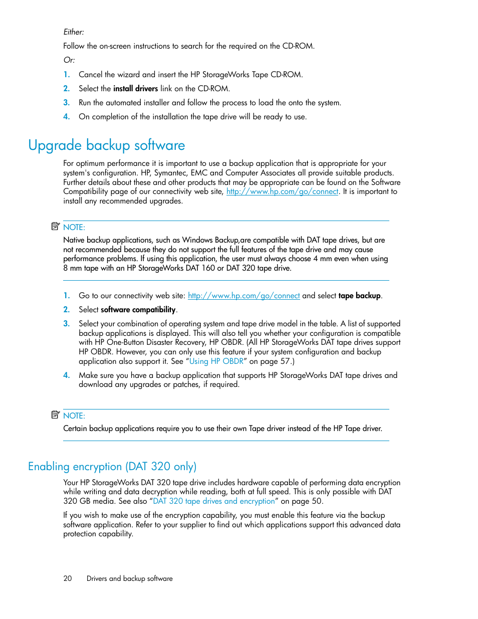 Upgrade backup software, Enabling encryption (dat 320 only) | HP StoreEver DAT Tape Drives User Manual | Page 20 / 84