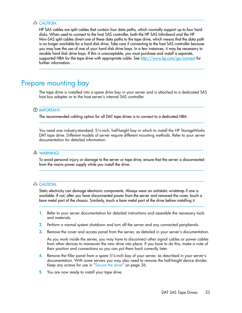 Prepare mounting bay | HP StoreEver DAT Tape Drives User Manual | Page 23 / 84