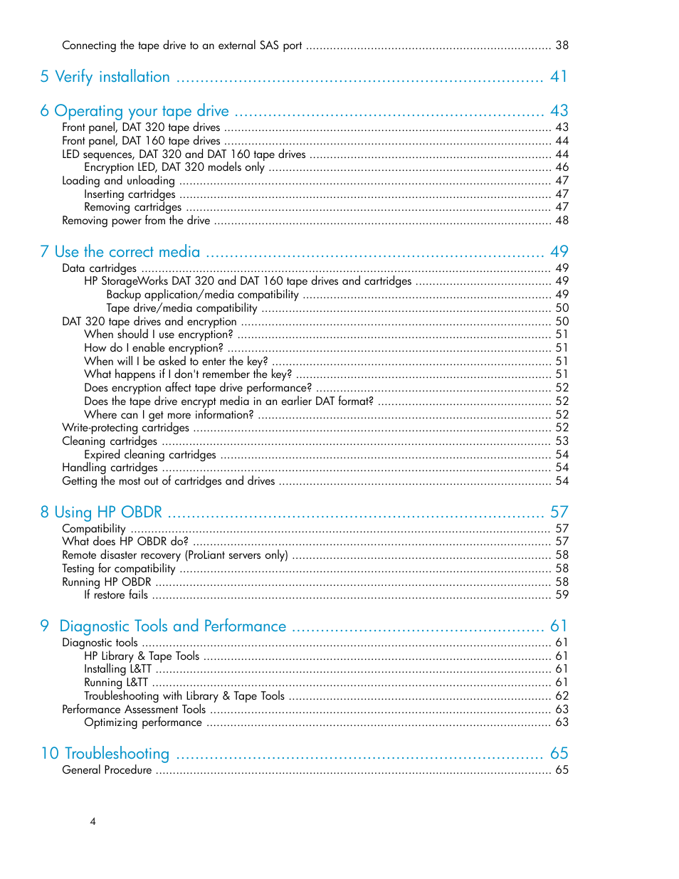 5 verify installation 6 operating your tape drive, 7 use the correct media, 8 using hp obdr | 9 diagnostic tools and performance, 10 troubleshooting | HP StoreEver DAT Tape Drives User Manual | Page 4 / 84