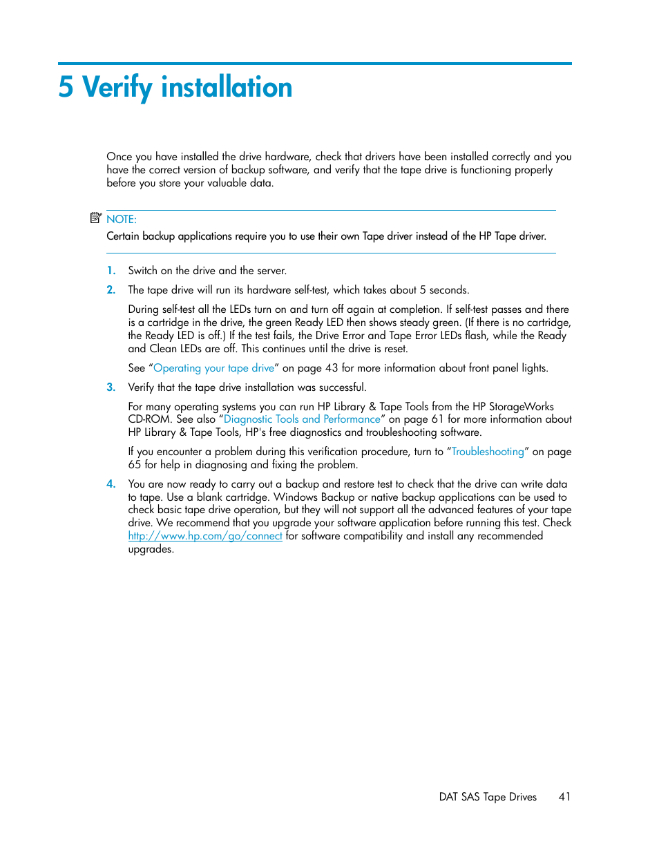 5 verify installation | HP StoreEver DAT Tape Drives User Manual | Page 41 / 84