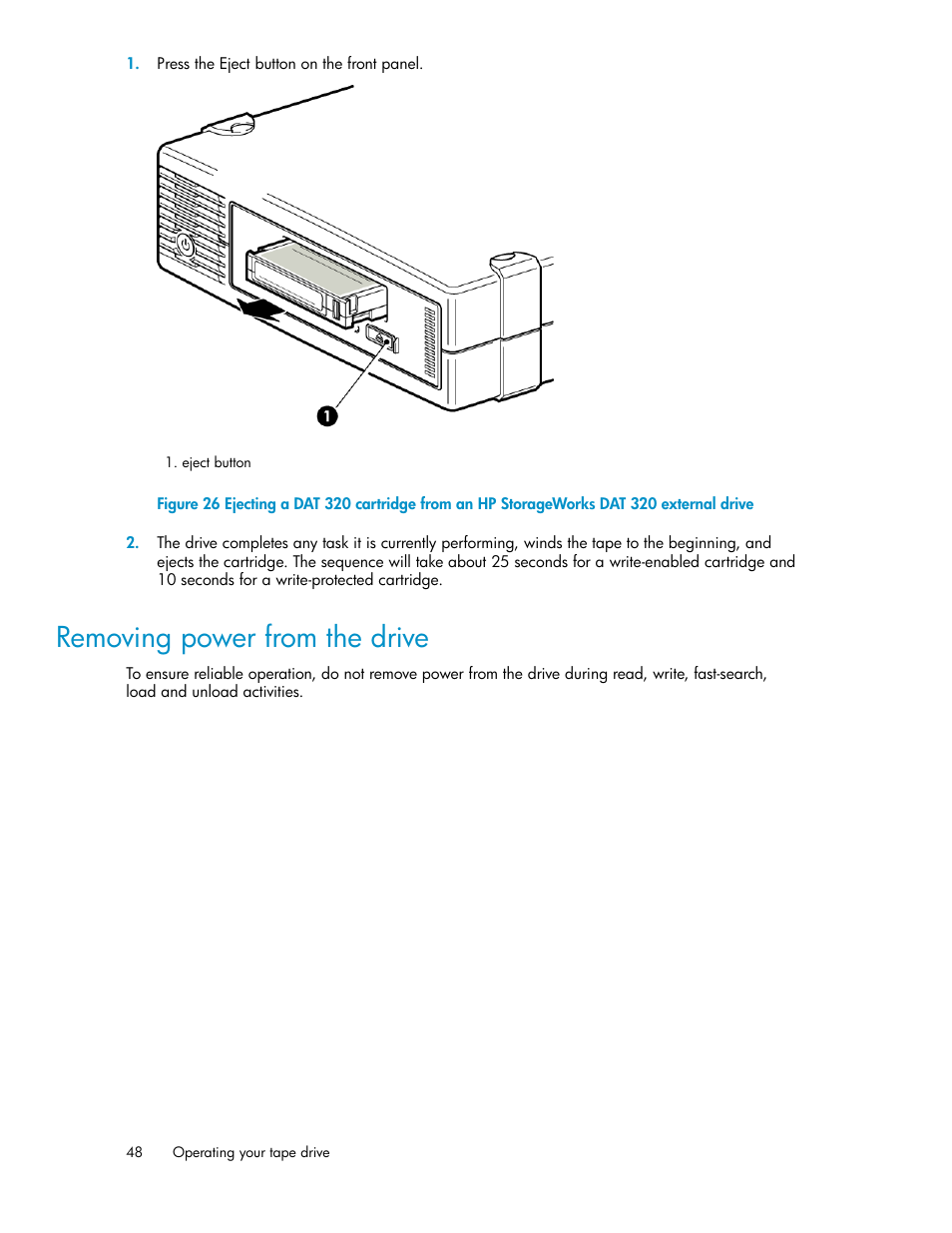 Removing power from the drive | HP StoreEver DAT Tape Drives User Manual | Page 48 / 84