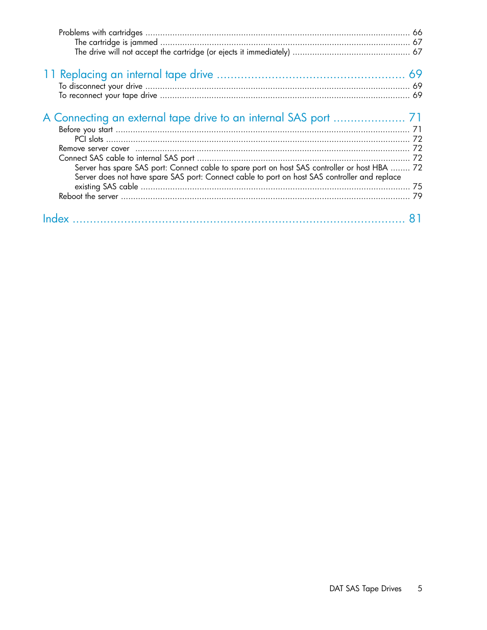 11 replacing an internal tape drive, Index | HP StoreEver DAT Tape Drives User Manual | Page 5 / 84