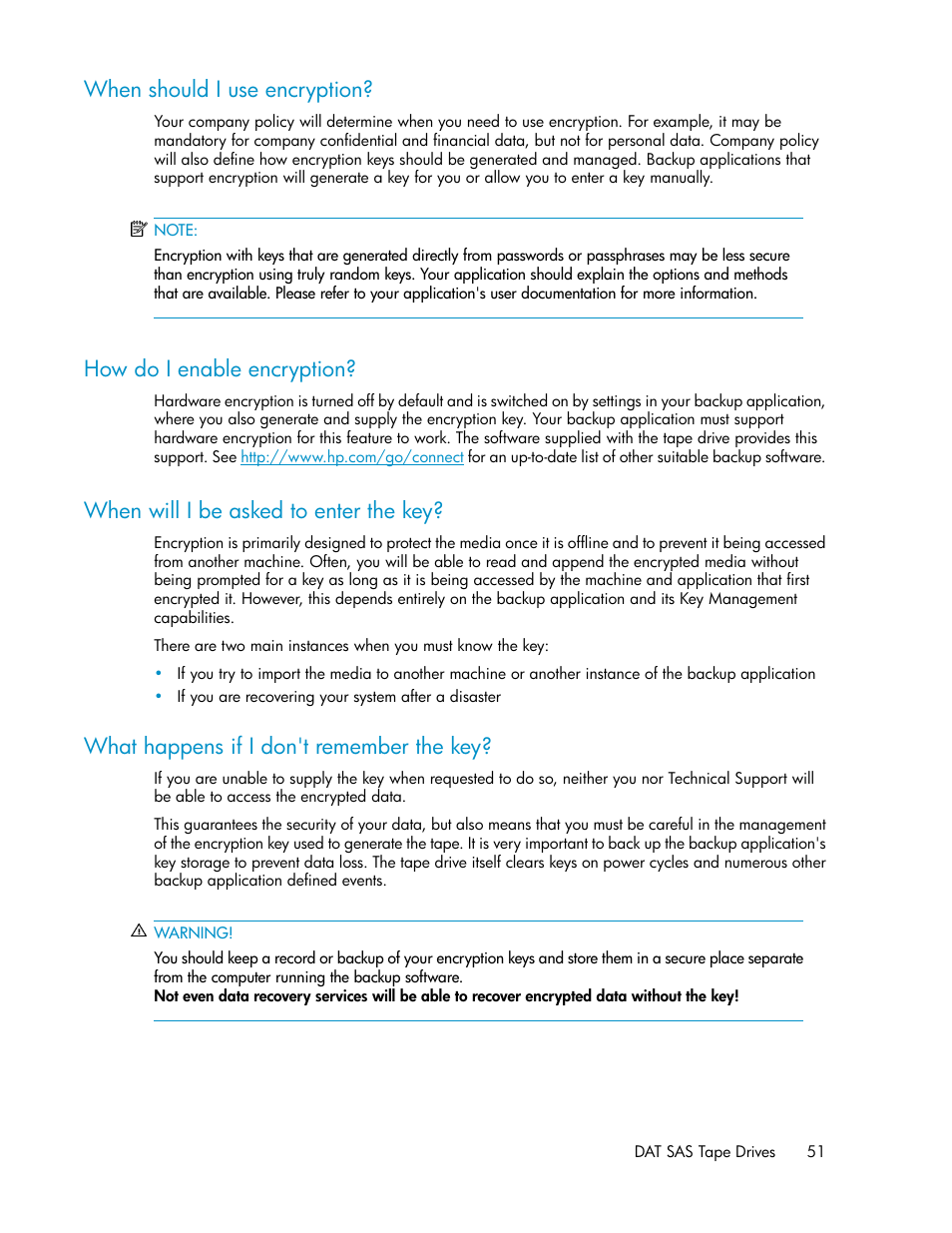 When should i use encryption, How do i enable encryption, When will i be asked to enter the key | What happens if i don't remember the key, 51 how do i enable encryption, 51 when will i be asked to enter the key, 51 what happens if i don't remember the key | HP StoreEver DAT Tape Drives User Manual | Page 51 / 84