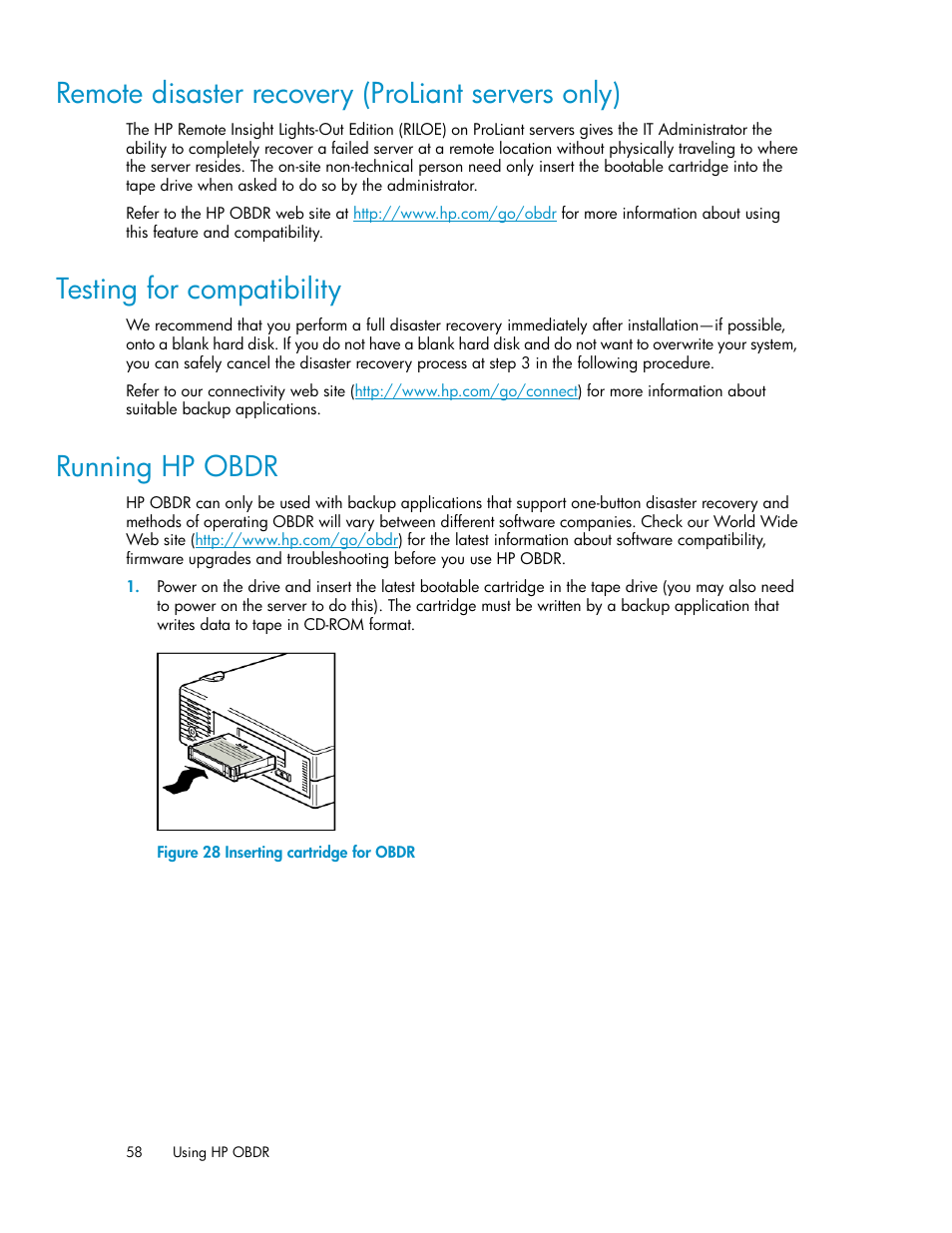 Remote disaster recovery (proliant servers only), Testing for compatibility, Running hp obdr | 58 testing for compatibility, 58 running hp obdr, Inserting cartridge for obdr | HP StoreEver DAT Tape Drives User Manual | Page 58 / 84