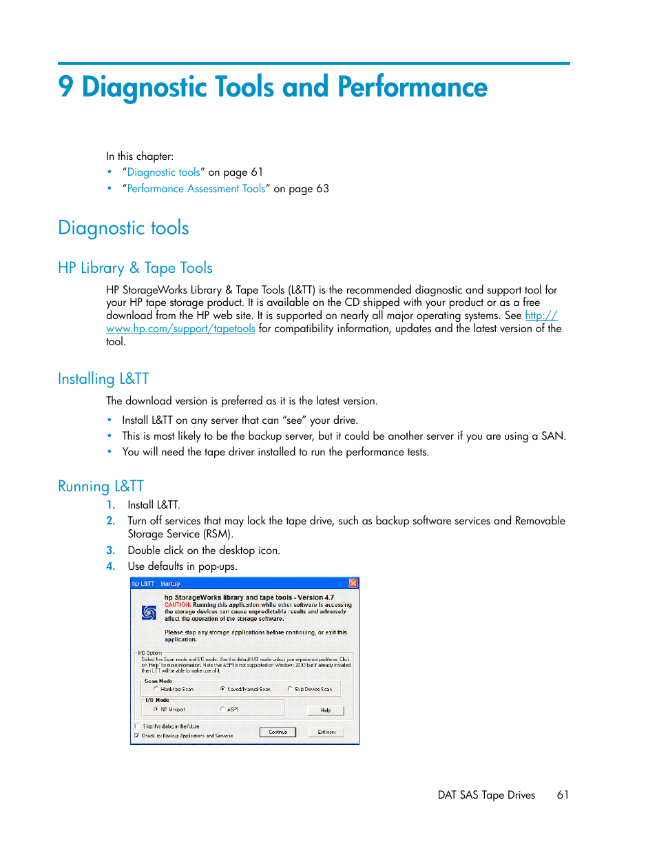 9 diagnostic tools and performance, Diagnostic tools, Hp library & tape tools | Installing l&tt, Running l&tt, 61 installing l&tt, 61 running l&tt, Diagnostic tools and performance | HP StoreEver DAT Tape Drives User Manual | Page 61 / 84