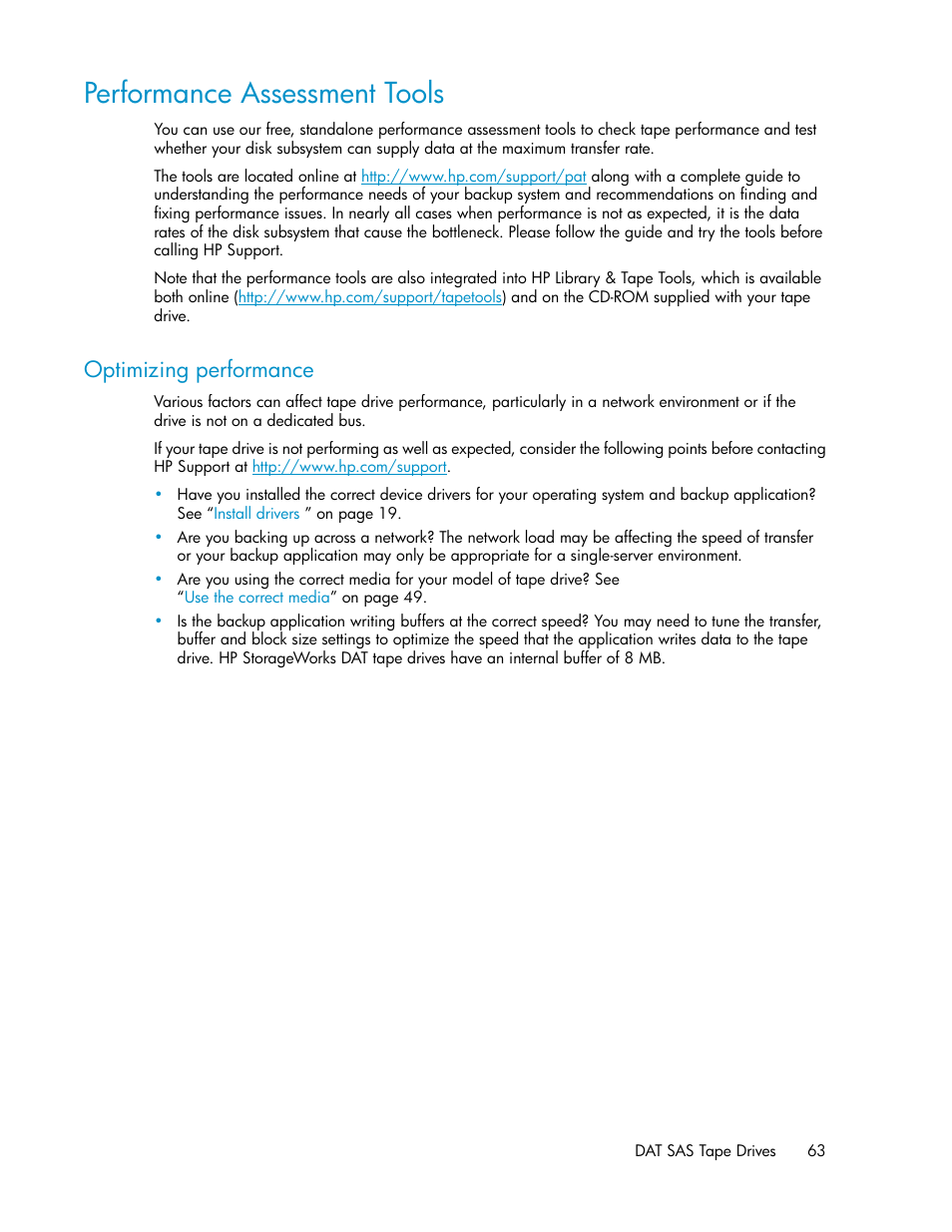 Performance assessment tools, Optimizing performance | HP StoreEver DAT Tape Drives User Manual | Page 63 / 84