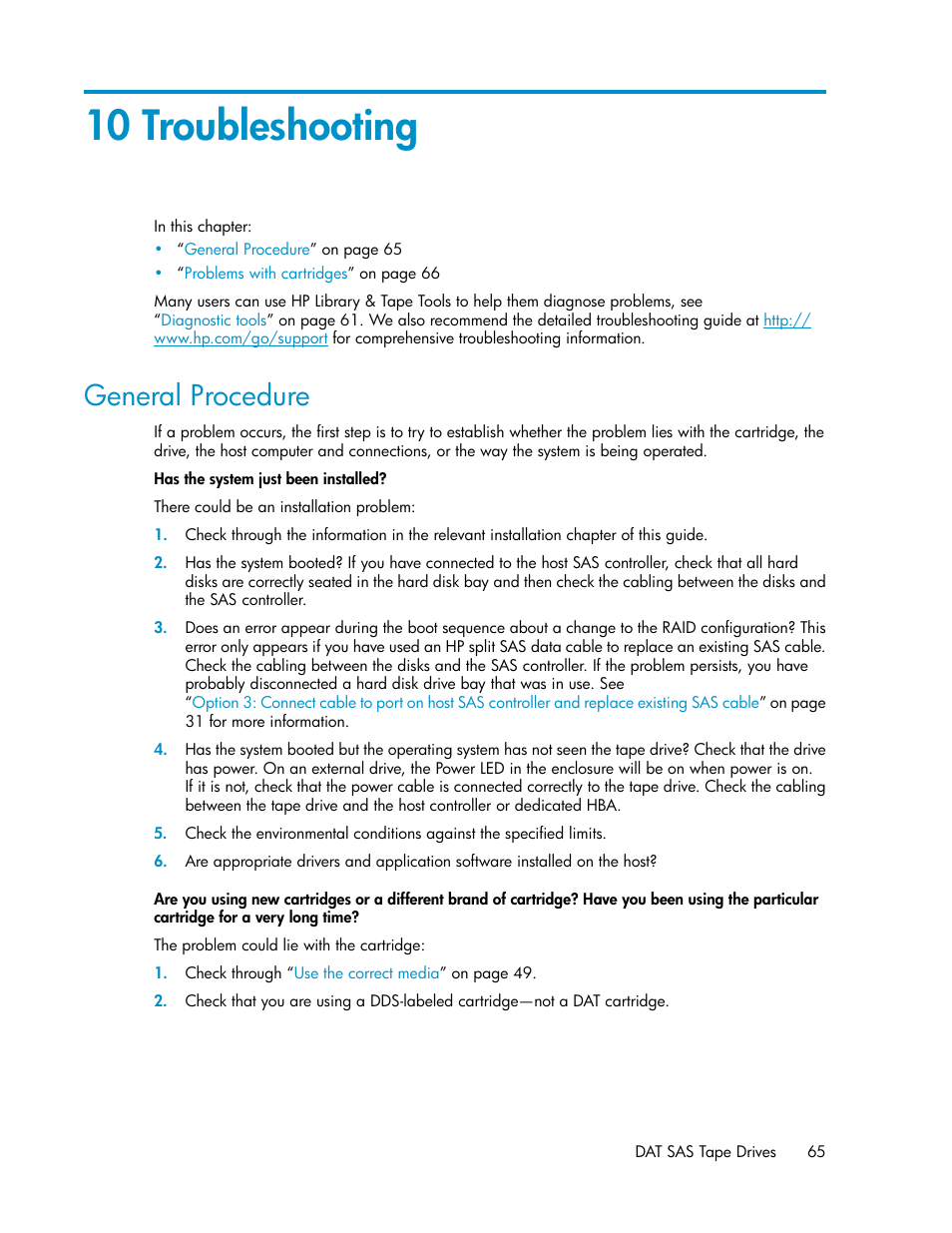 10 troubleshooting, General procedure, Troubleshooting | HP StoreEver DAT Tape Drives User Manual | Page 65 / 84