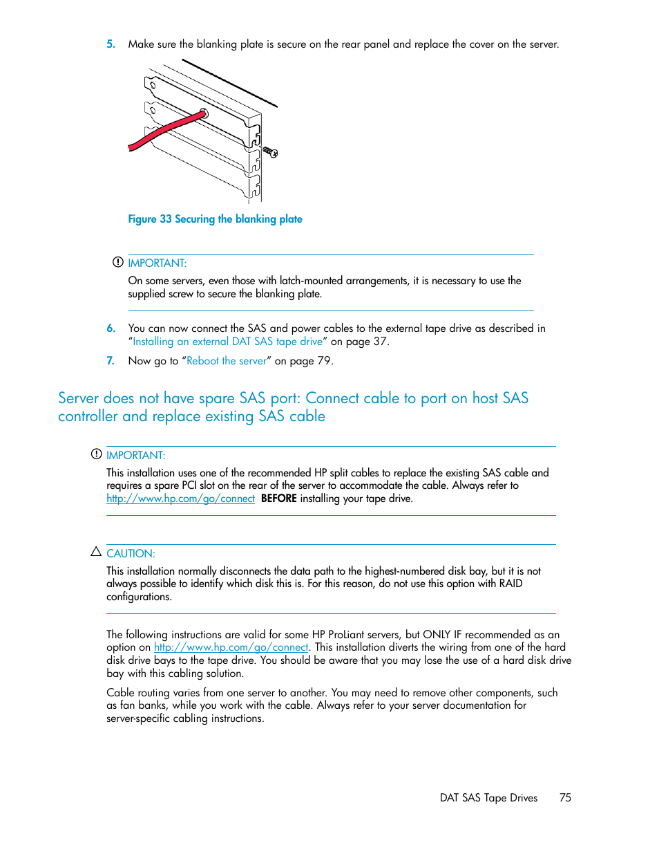 Securing the blanking plate | HP StoreEver DAT Tape Drives User Manual | Page 75 / 84