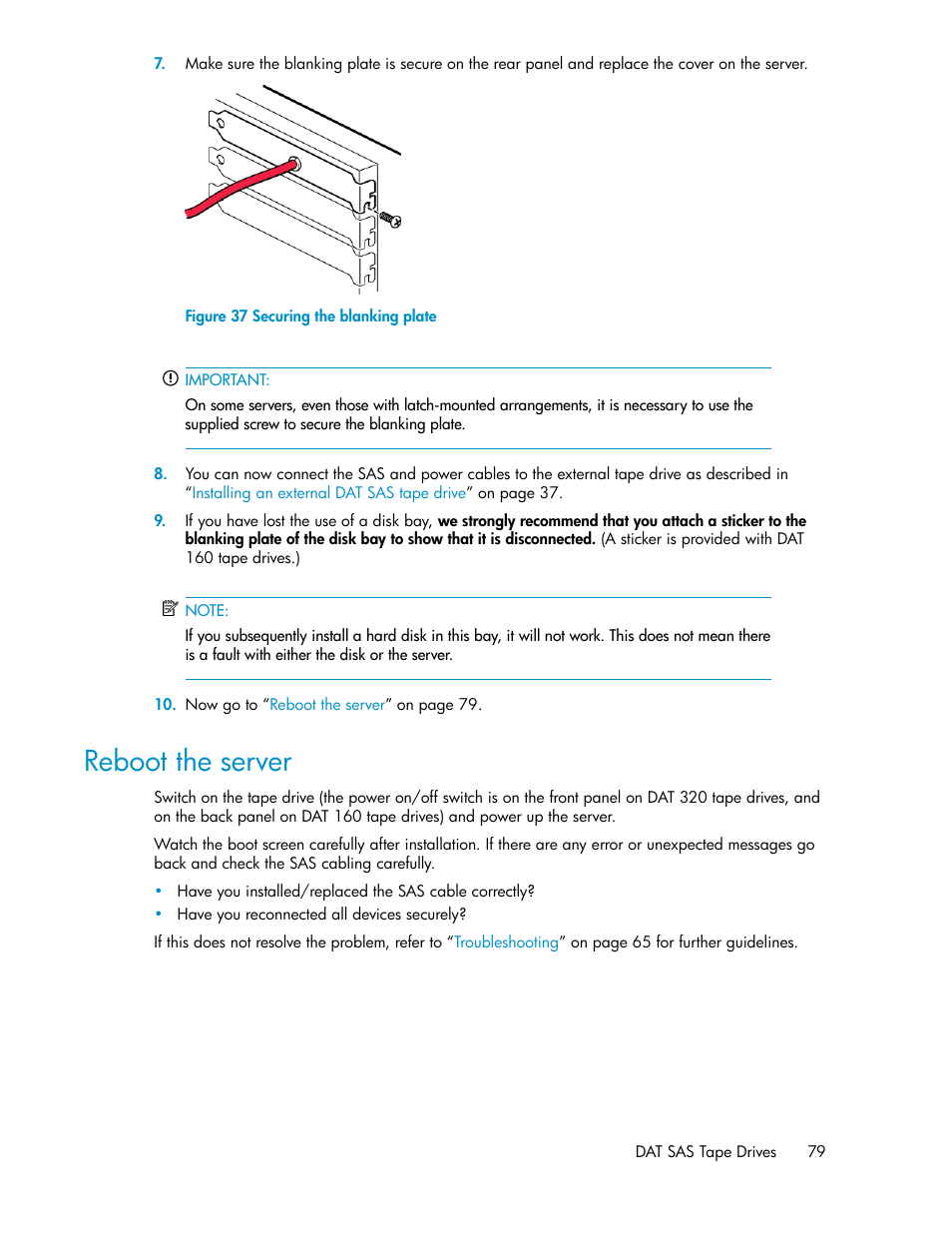 Reboot the server, Securing the blanking plate | HP StoreEver DAT Tape Drives User Manual | Page 79 / 84