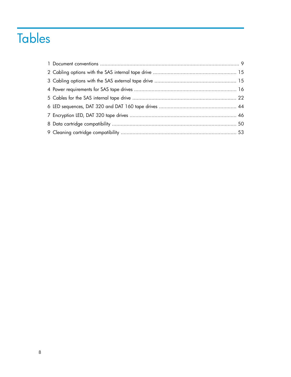 Tables | HP StoreEver DAT Tape Drives User Manual | Page 8 / 84