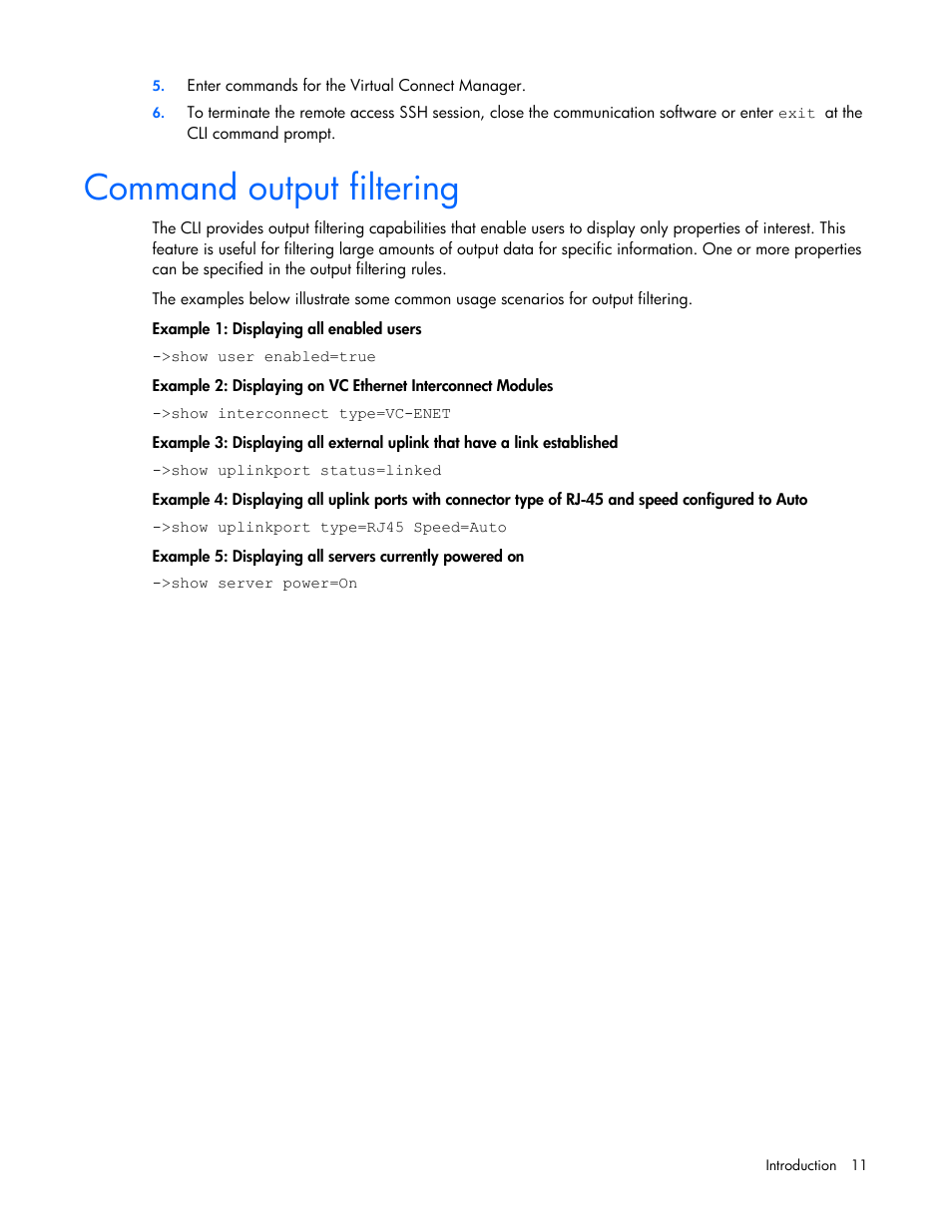 Command output filtering | HP Virtual Connect 1.10Gb-F Ethernet Module for c-Class BladeSystem User Manual | Page 11 / 90