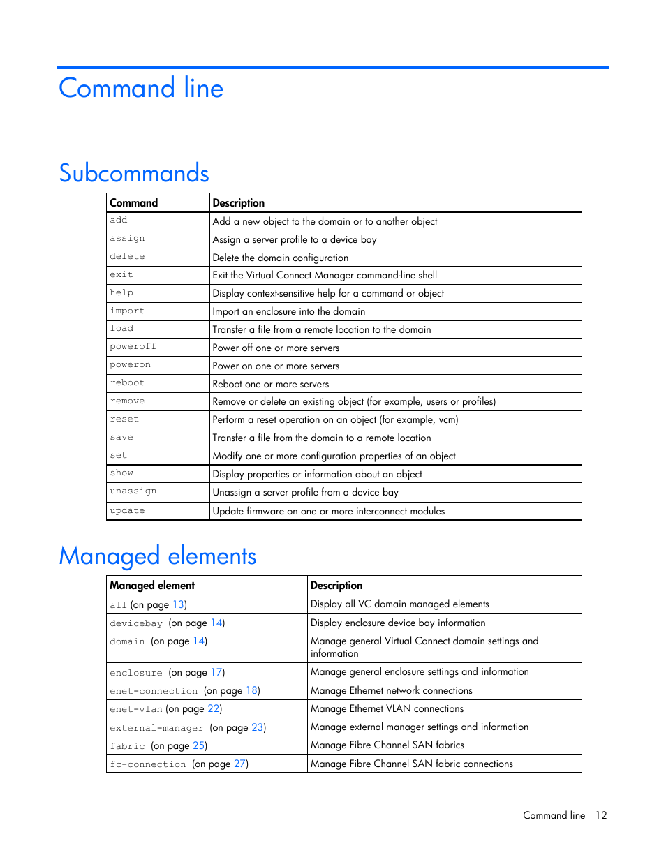 Command line, Subcommands, Managed elements | HP Virtual Connect 1.10Gb-F Ethernet Module for c-Class BladeSystem User Manual | Page 12 / 90