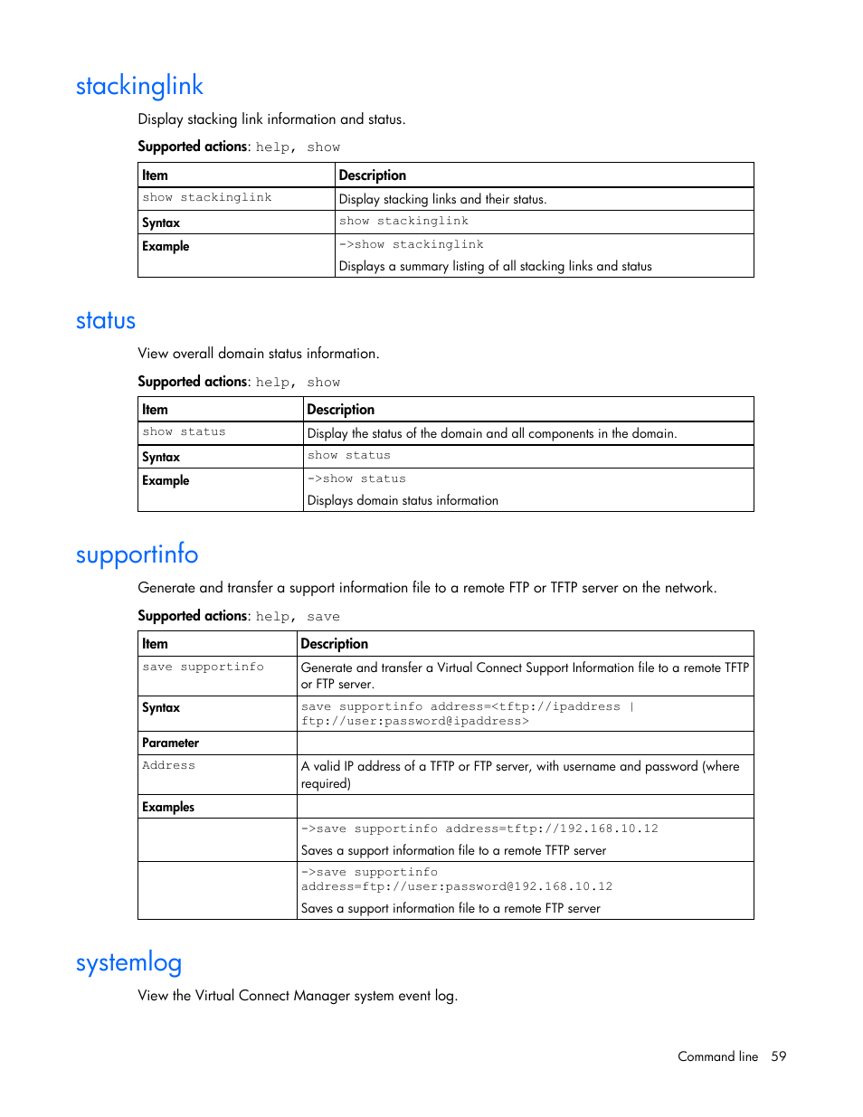 Stackinglink, Status, Supportinfo | Systemlog | HP Virtual Connect 1.10Gb-F Ethernet Module for c-Class BladeSystem User Manual | Page 59 / 90