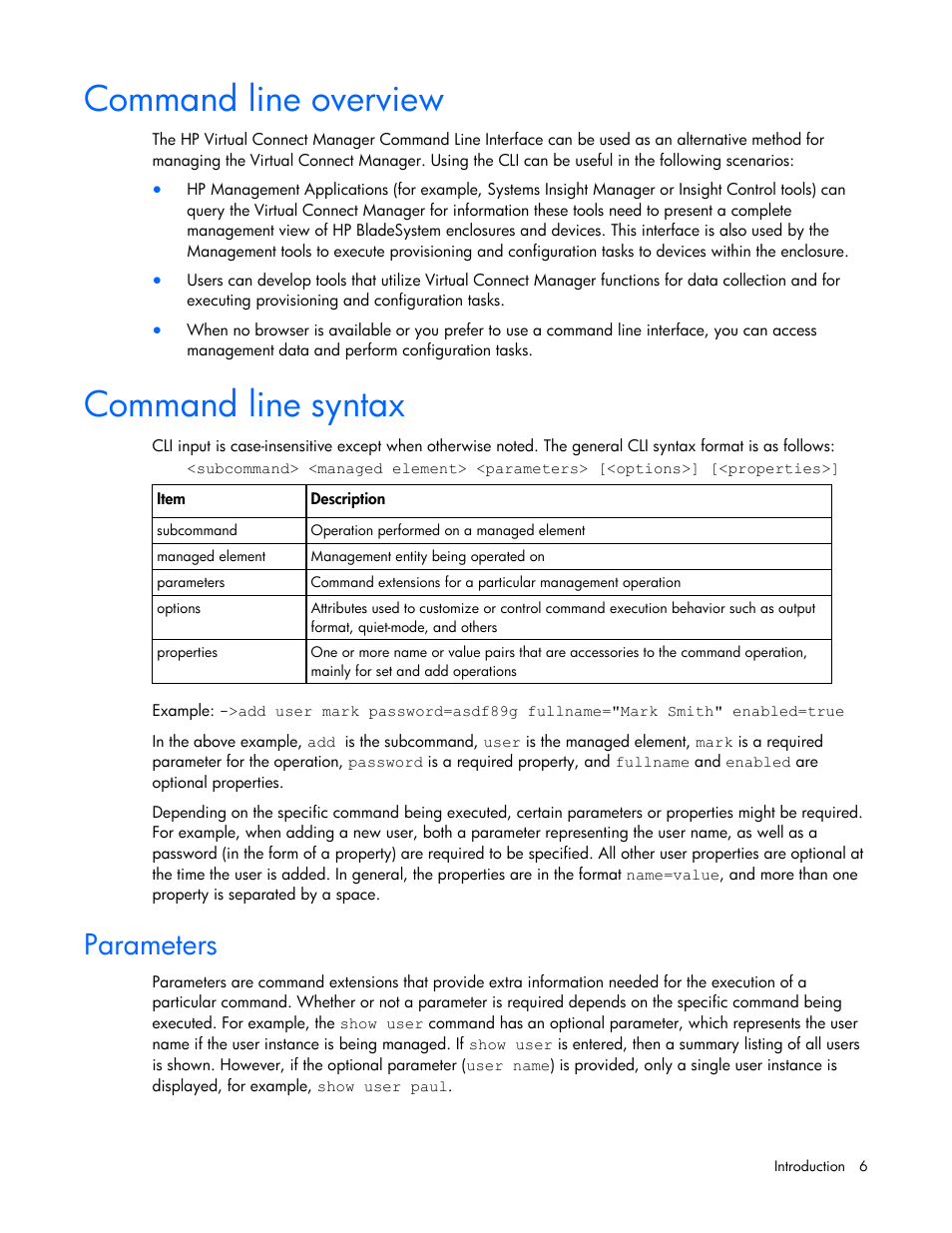 Command line overview, Command line syntax, Parameters | HP Virtual Connect 1.10Gb-F Ethernet Module for c-Class BladeSystem User Manual | Page 6 / 90