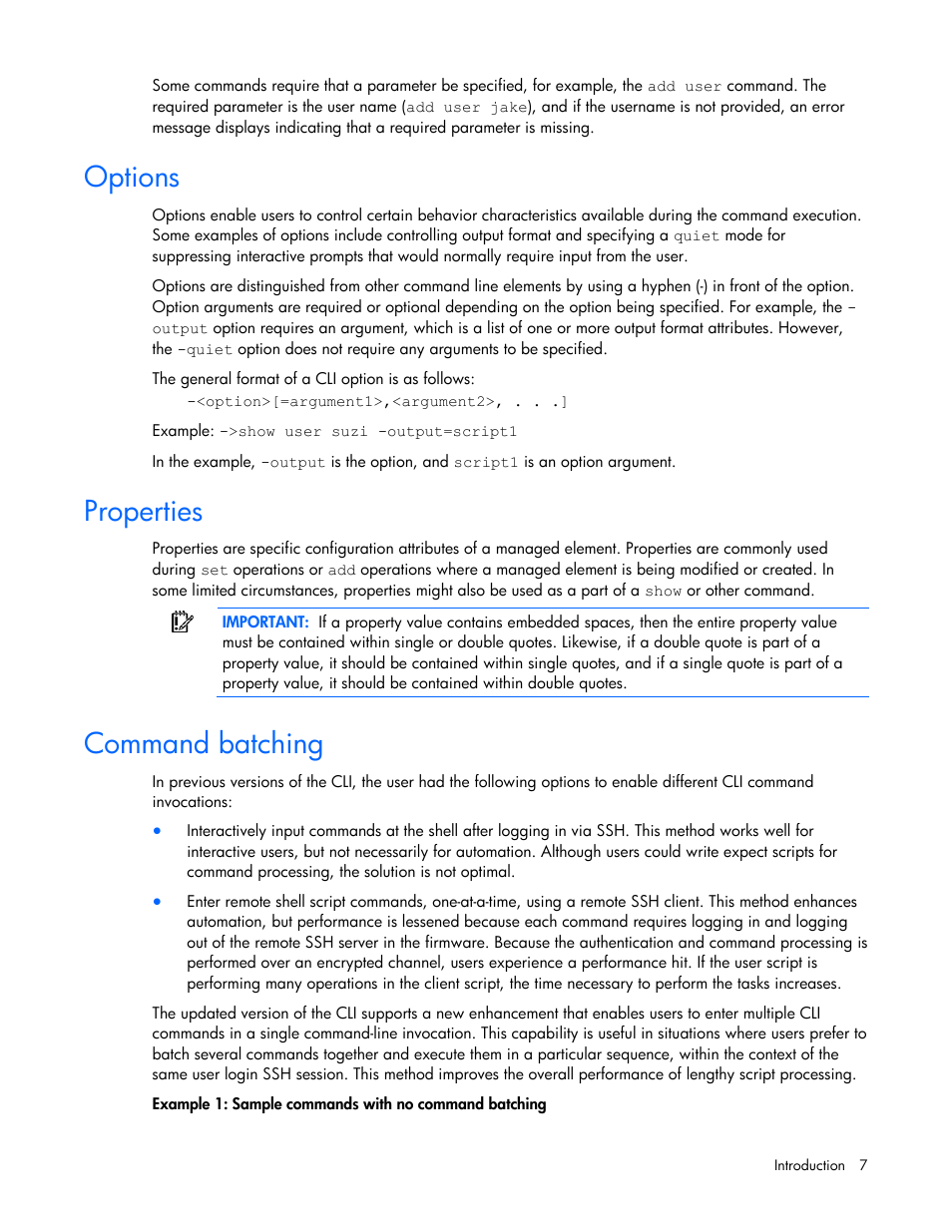Options, Properties, Command batching | HP Virtual Connect 1.10Gb-F Ethernet Module for c-Class BladeSystem User Manual | Page 7 / 90